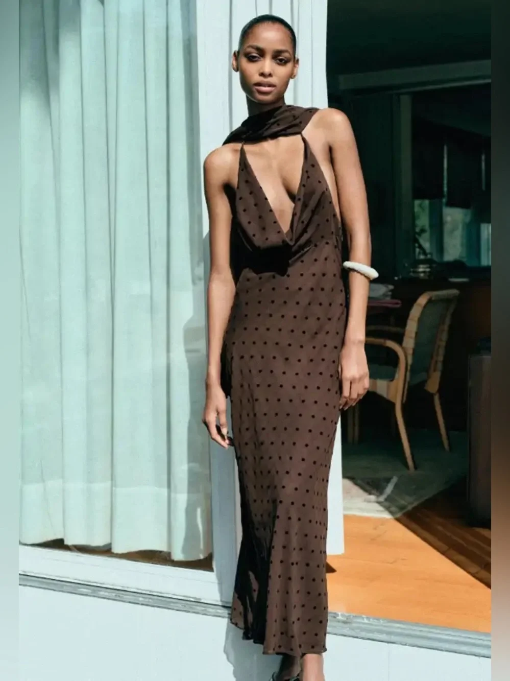 Zara Brown Polka-Dot Halter Maxi Dress w Scarf. M NWT - Picture 1 of 17